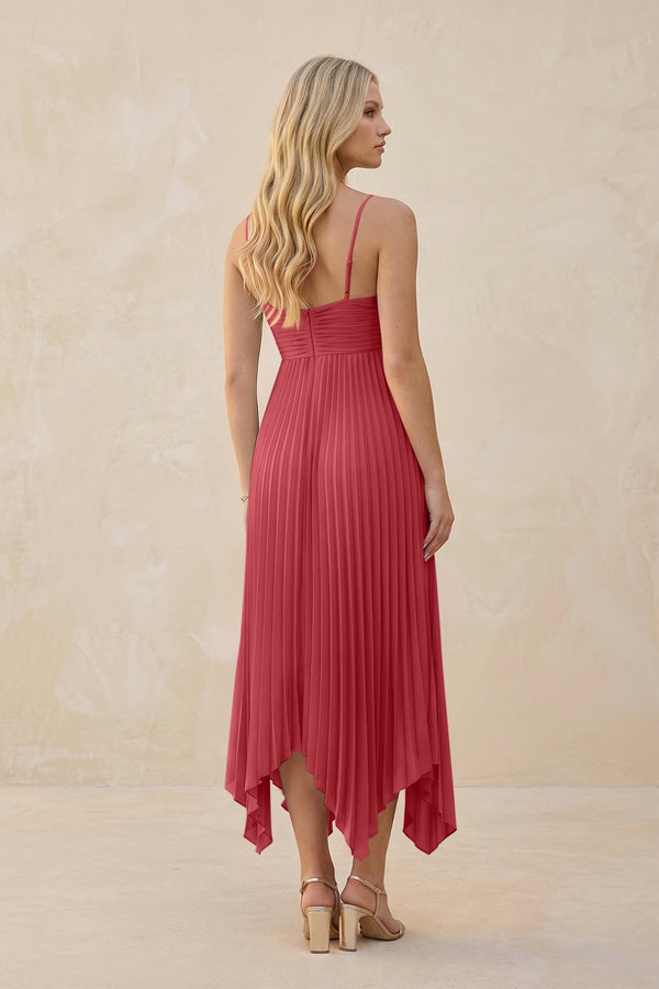 Spaghetti Strap Pleated A - Line Chiffon Midi Bridesmaid Dress in Merlot - KissProm Bridesmaid Dresses