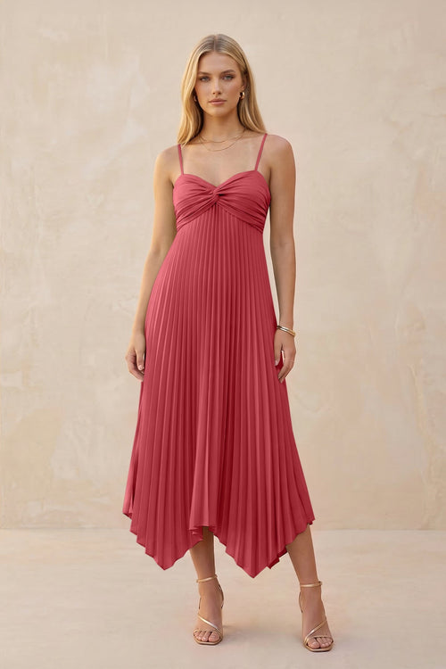 Spaghetti Strap Pleated A - Line Chiffon Midi Bridesmaid Dress in Merlot - KissProm Bridesmaid Dresses