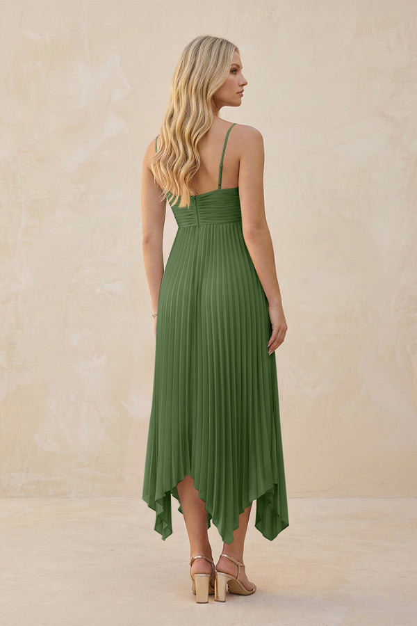 Spaghetti Strap Pleated A - Line Chiffon Midi Bridesmaid Dress in Moss - KissProm Bridesmaid Dresses