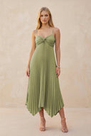 Spaghetti Strap Pleated A - Line Chiffon Midi Bridesmaid Dress in Moss Green - KissProm Bridesmaid Dresses