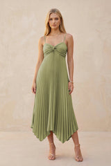 Spaghetti Strap Pleated A - Line Chiffon Midi Bridesmaid Dress in Moss Green - KissProm Bridesmaid Dresses