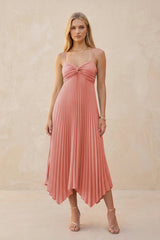 Spaghetti Strap Pleated A - Line Chiffon Midi Bridesmaid Dress in Mulberry - KissProm Bridesmaid Dresses