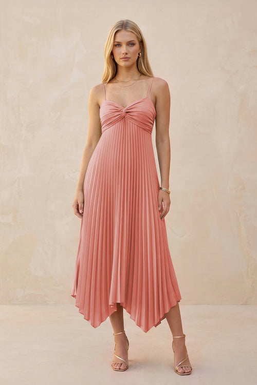 Spaghetti Strap Pleated A - Line Chiffon Midi Bridesmaid Dress in Mulberry - KissProm Bridesmaid Dresses