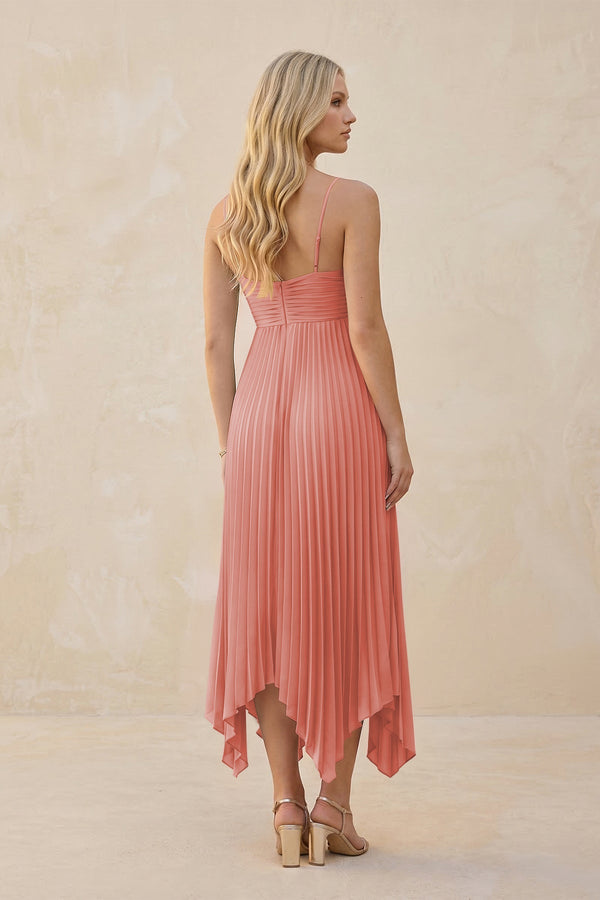 Spaghetti Strap Pleated A - Line Chiffon Midi Bridesmaid Dress in Mulberry - KissProm Bridesmaid Dresses