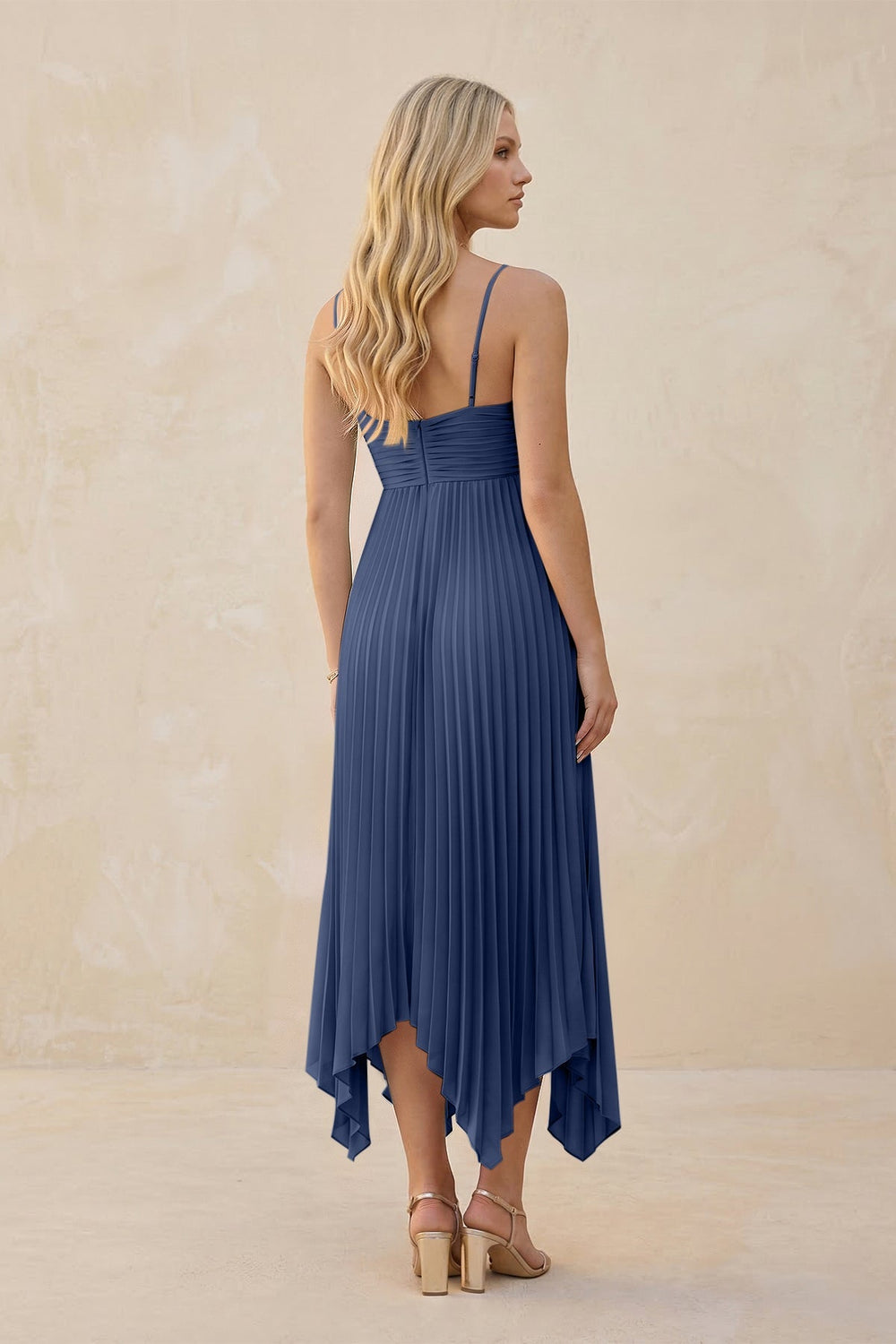 Spaghetti Strap Pleated A - Line Chiffon Midi Bridesmaid Dress in Navy - KissProm Bridesmaid Dresses