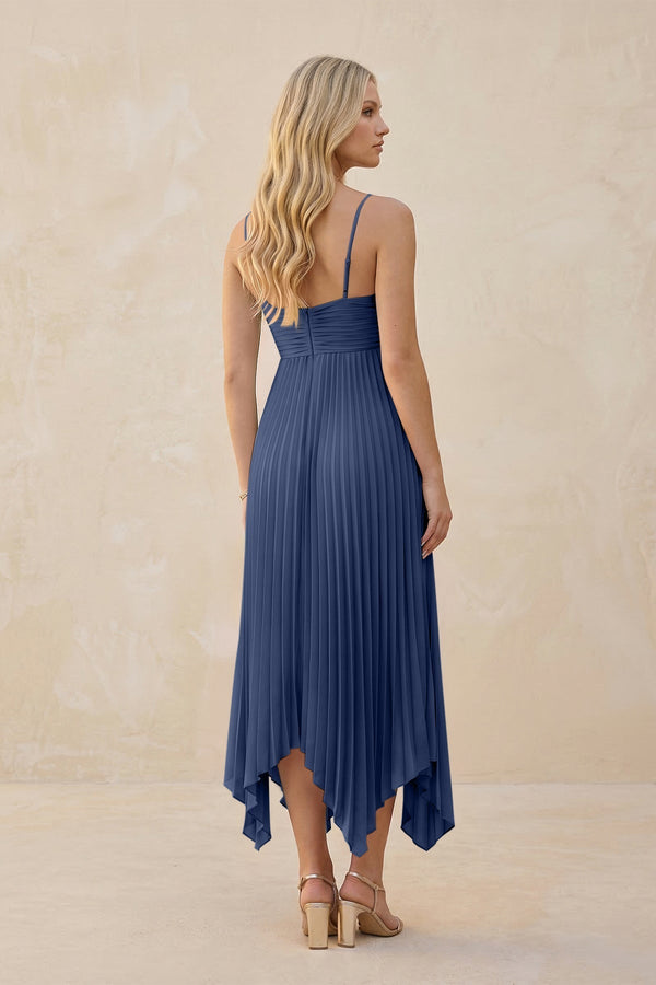 Spaghetti Strap Pleated A - Line Chiffon Midi Bridesmaid Dress in Navy - KissProm Bridesmaid Dresses