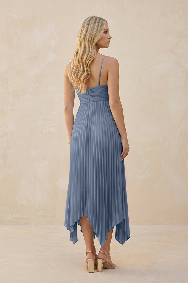 Spaghetti Strap Pleated A - Line Chiffon Midi Bridesmaid Dress in Neptune - KissProm Bridesmaid Dresses