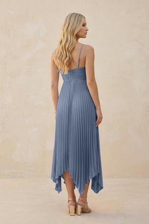 Spaghetti Strap Pleated A - Line Chiffon Midi Bridesmaid Dress in Neptune - KissProm Bridesmaid Dresses