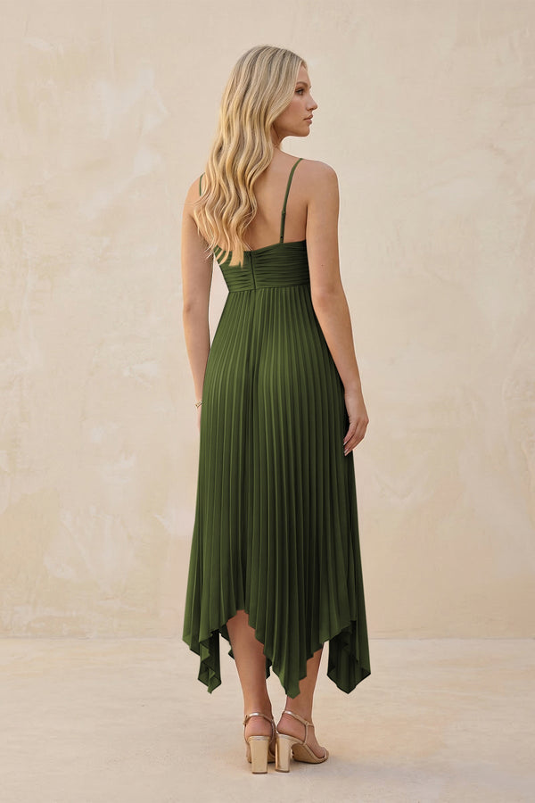 Spaghetti Strap Pleated A - Line Chiffon Midi Bridesmaid Dress in Olive - KissProm Bridesmaid Dresses