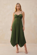 Spaghetti Strap Pleated A - Line Chiffon Midi Bridesmaid Dress in Olive - KissProm Bridesmaid Dresses