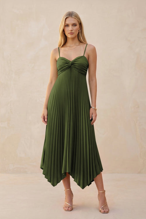 Spaghetti Strap Pleated A - Line Chiffon Midi Bridesmaid Dress in Olive - KissProm Bridesmaid Dresses