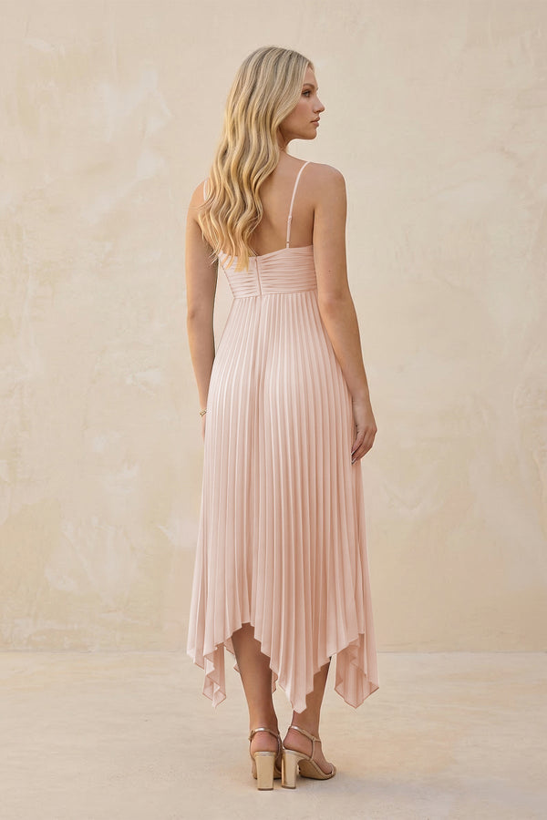 Spaghetti Strap Pleated A - Line Chiffon Midi Bridesmaid Dress in Pale Blush - KissProm Bridesmaid Dresses