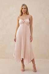 Spaghetti Strap Pleated A - Line Chiffon Midi Bridesmaid Dress in Pale Blush - KissProm Bridesmaid Dresses