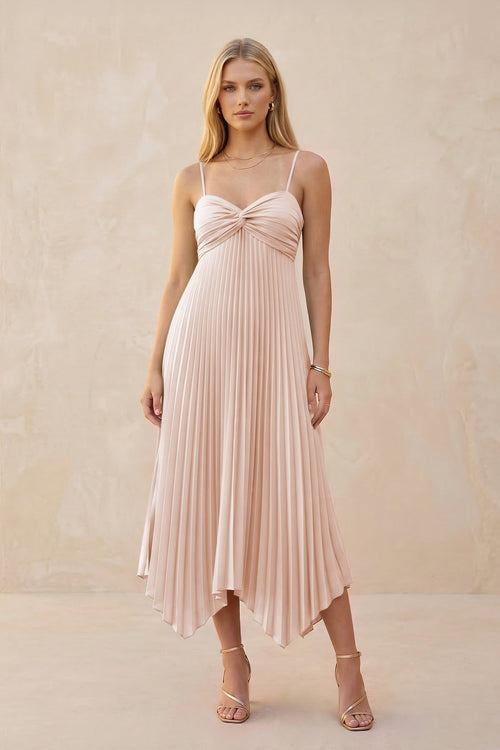 Spaghetti Strap Pleated A - Line Chiffon Midi Bridesmaid Dress in Pale Blush - KissProm Bridesmaid Dresses