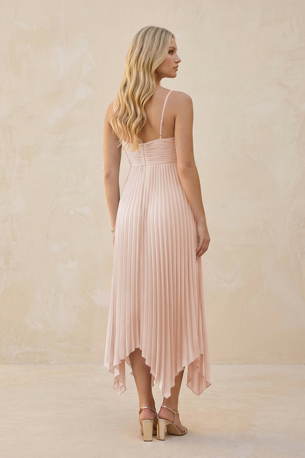 Spaghetti Strap Pleated A - Line Chiffon Midi Bridesmaid Dress in Pale Blush - KissProm Bridesmaid Dresses