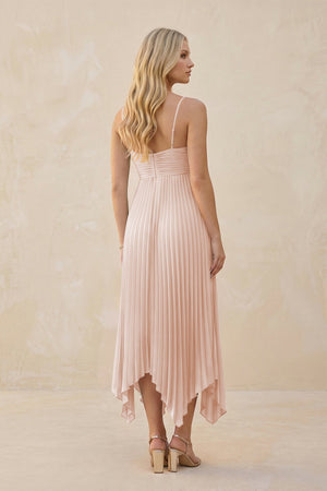 Spaghetti Strap Pleated A - Line Chiffon Midi Bridesmaid Dress in Pale Blush - KissProm Bridesmaid Dresses