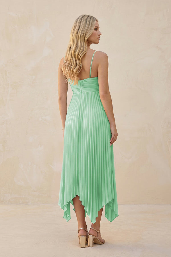 Spaghetti Strap Pleated A - Line Chiffon Midi Bridesmaid Dress in Pale Pistachio - KissProm Bridesmaid Dresses