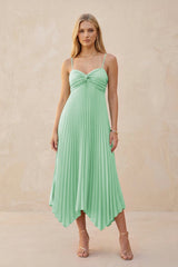 Spaghetti Strap Pleated A - Line Chiffon Midi Bridesmaid Dress in Pale Pistachio - KissProm Bridesmaid Dresses