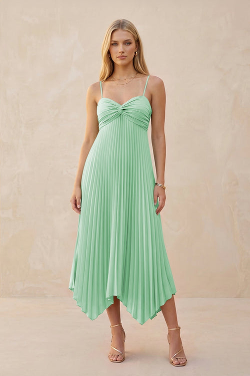 Spaghetti Strap Pleated A - Line Chiffon Midi Bridesmaid Dress in Pale Pistachio - KissProm Bridesmaid Dresses