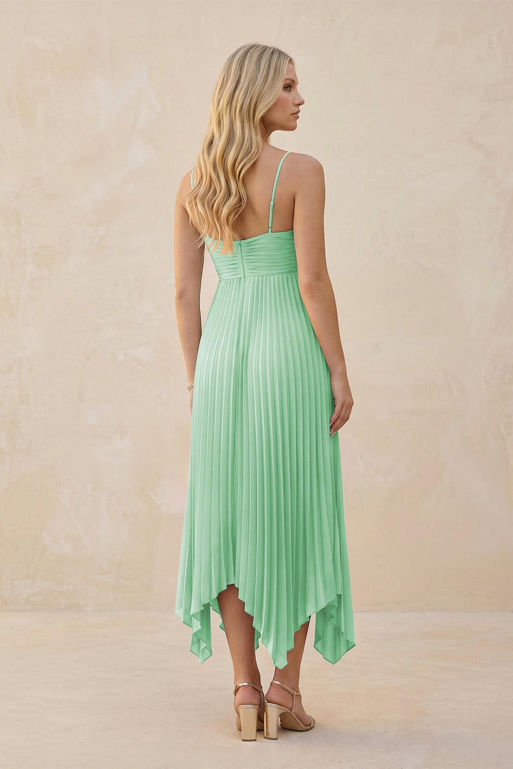 Spaghetti Strap Pleated A - Line Chiffon Midi Bridesmaid Dress in Pale Pistachio - KissProm Bridesmaid Dresses
