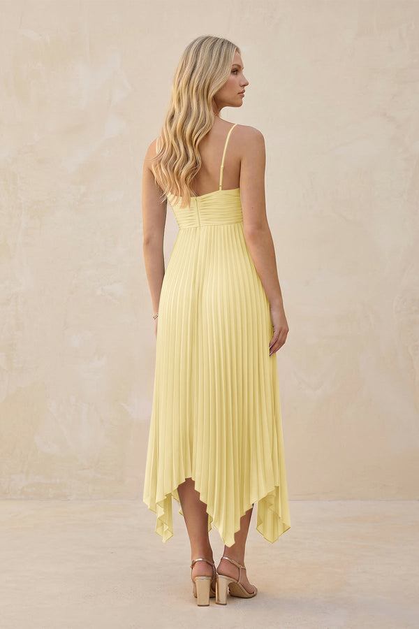 Spaghetti Strap Pleated A - Line Chiffon Midi Bridesmaid Dress in Pastel Yellow - KissProm Bridesmaid Dresses