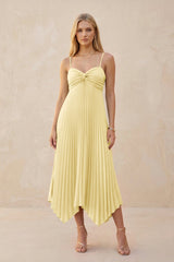Spaghetti Strap Pleated A - Line Chiffon Midi Bridesmaid Dress in Pastel Yellow - KissProm Bridesmaid Dresses