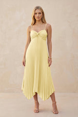 Spaghetti Strap Pleated A - Line Chiffon Midi Bridesmaid Dress in Pastel Yellow - KissProm Bridesmaid Dresses