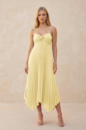 Spaghetti Strap Pleated A - Line Chiffon Midi Bridesmaid Dress in Pastel Yellow - KissProm Bridesmaid Dresses
