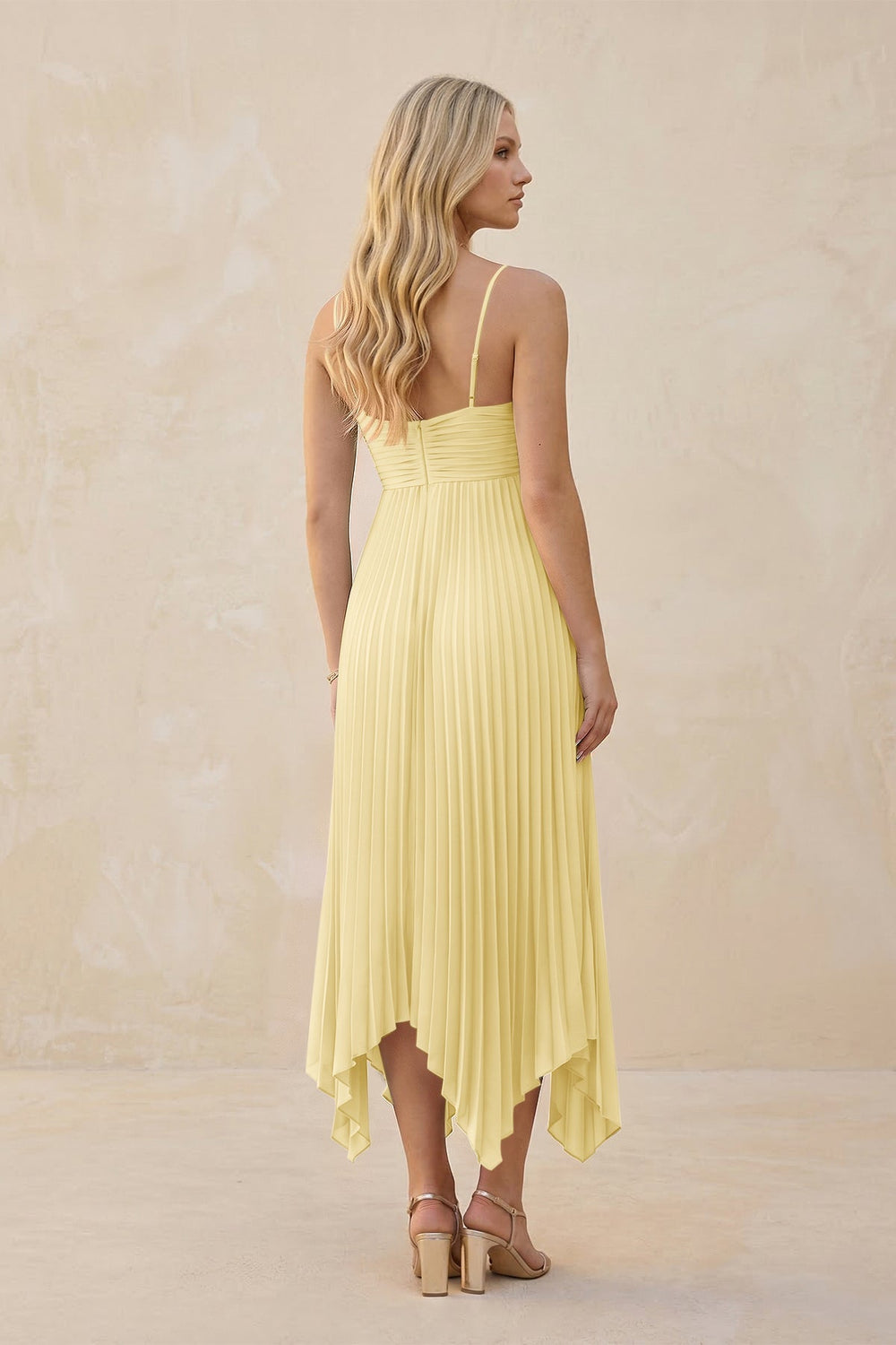 Spaghetti Strap Pleated A - Line Chiffon Midi Bridesmaid Dress in Pastel Yellow - KissProm Bridesmaid Dresses