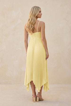 Spaghetti Strap Pleated A - Line Chiffon Midi Bridesmaid Dress in Pastel Yellow - KissProm Bridesmaid Dresses