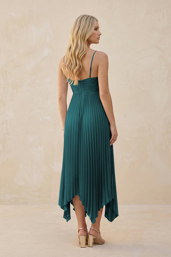 Spaghetti Strap Pleated A - Line Chiffon Midi Bridesmaid Dress in Pine - KissProm Bridesmaid Dresses