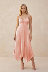 Spaghetti Strap Pleated A - Line Chiffon Midi Bridesmaid Dress in Rose Petal - KissProm Bridesmaid Dresses