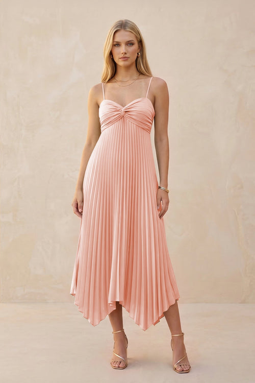 Spaghetti Strap Pleated A - Line Chiffon Midi Bridesmaid Dress in Rose Petal - KissProm Bridesmaid Dresses