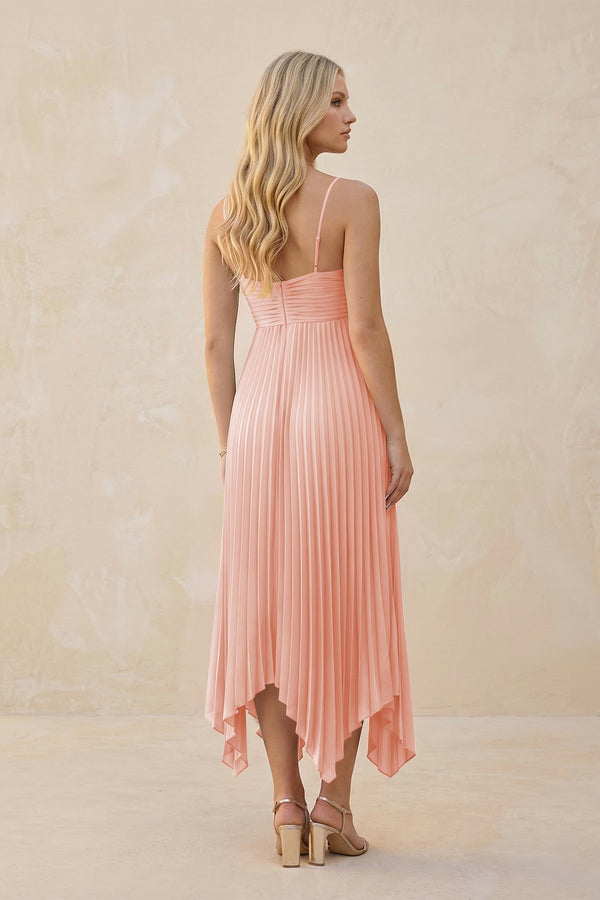 Spaghetti Strap Pleated A - Line Chiffon Midi Bridesmaid Dress in Rose Petal - KissProm Bridesmaid Dresses