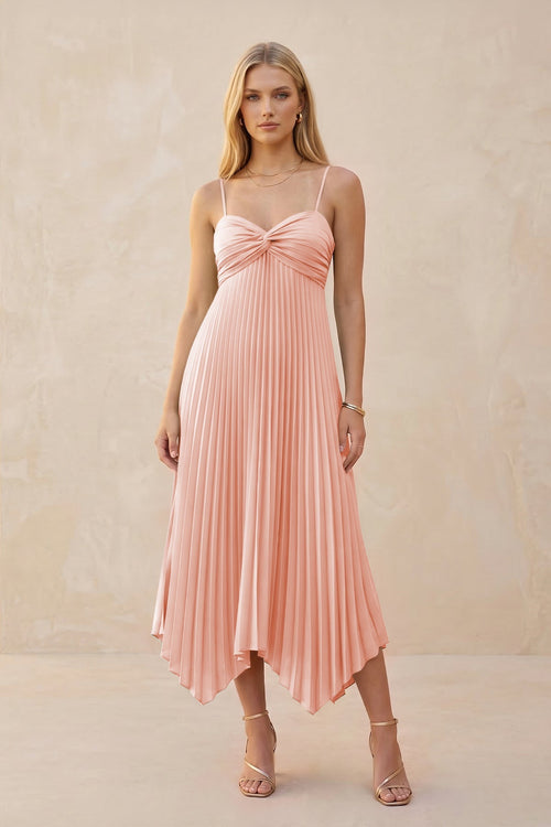 Spaghetti Strap Pleated A-Line Chiffon Midi Bridesmaid Dress in Rose Petal