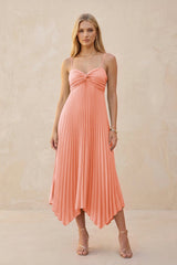 Spaghetti Strap Pleated A - Line Chiffon Midi Bridesmaid Dress in Rosette - KissProm Bridesmaid Dresses