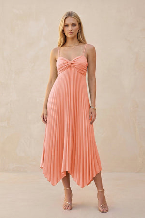 Spaghetti Strap Pleated A - Line Chiffon Midi Bridesmaid Dress in Rosette - KissProm Bridesmaid Dresses