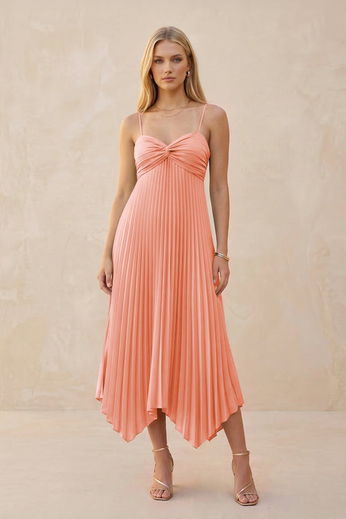 Spaghetti Strap Pleated A - Line Chiffon Midi Bridesmaid Dress in Rosette - KissProm Bridesmaid Dresses