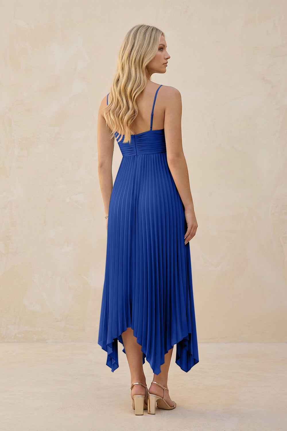 Spaghetti Strap Pleated A - Line Chiffon Midi Bridesmaid Dress in Royal Blue - KissProm Bridesmaid Dresses