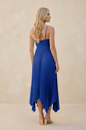 Spaghetti Strap Pleated A - Line Chiffon Midi Bridesmaid Dress in Royal Blue - KissProm Bridesmaid Dresses