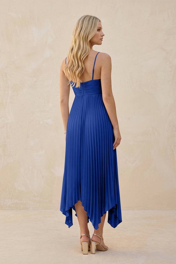 Spaghetti Strap Pleated A - Line Chiffon Midi Bridesmaid Dress in Royal Blue - KissProm Bridesmaid Dresses