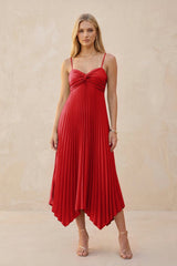 Spaghetti Strap Pleated A - Line Chiffon Midi Bridesmaid Dress in Ruby Red - KissProm Bridesmaid Dresses
