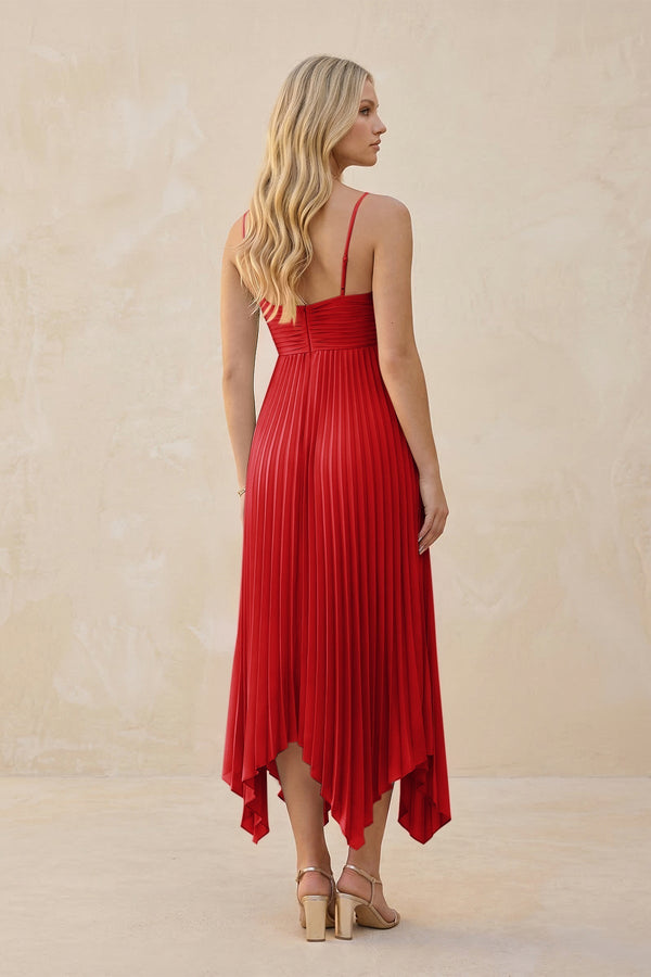 Spaghetti Strap Pleated A - Line Chiffon Midi Bridesmaid Dress in Ruby Red - KissProm Bridesmaid Dresses