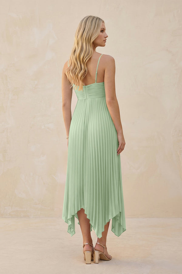 Spaghetti Strap Pleated A - Line Chiffon Midi Bridesmaid Dress in Sage - KissProm Bridesmaid Dresses