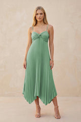 Spaghetti Strap Pleated A - Line Chiffon Midi Bridesmaid Dress in Sea Glass - KissProm Bridesmaid Dresses