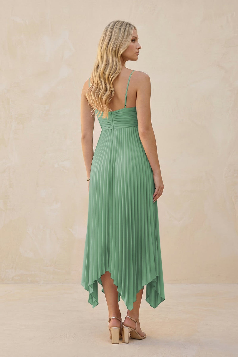 Spaghetti Strap Pleated A - Line Chiffon Midi Bridesmaid Dress in Sea Glass - KissProm Bridesmaid Dresses