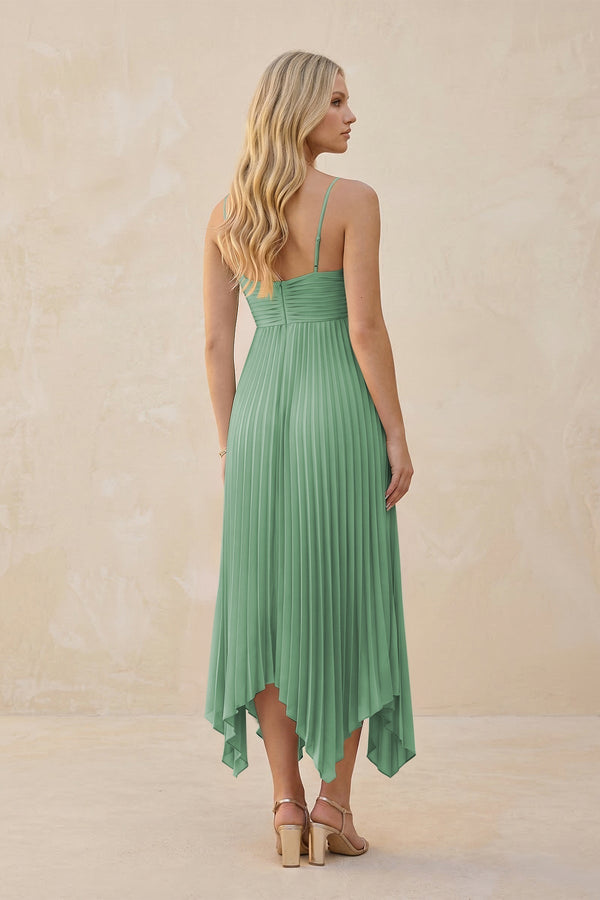 Spaghetti Strap Pleated A - Line Chiffon Midi Bridesmaid Dress in Sea Glass - KissProm Bridesmaid Dresses