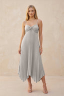 Spaghetti Strap Pleated A - Line Chiffon Midi Bridesmaid Dress in Silver - KissProm Bridesmaid Dresses