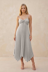 Spaghetti Strap Pleated A - Line Chiffon Midi Bridesmaid Dress in Silver - KissProm Bridesmaid Dresses