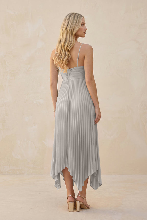 Spaghetti Strap Pleated A - Line Chiffon Midi Bridesmaid Dress in Silver - KissProm Bridesmaid Dresses
